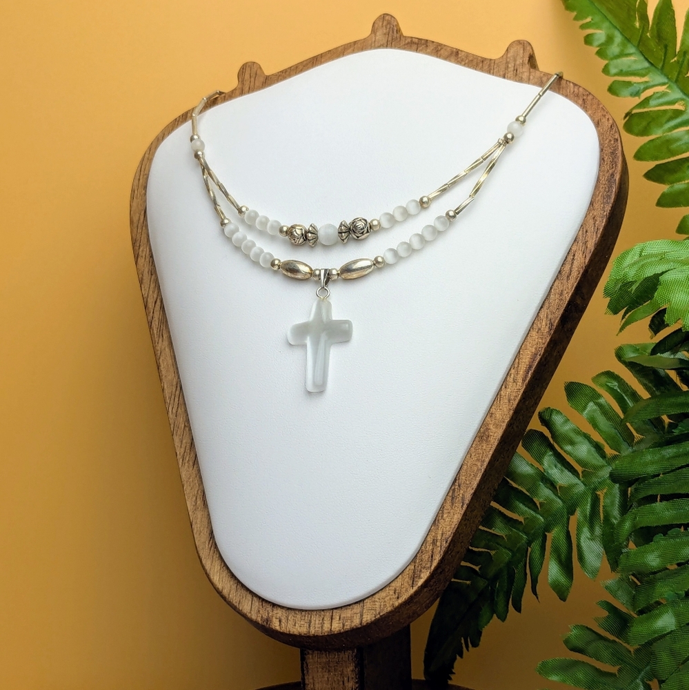 Silver and White Beaded Cross Double Layer Necklace
